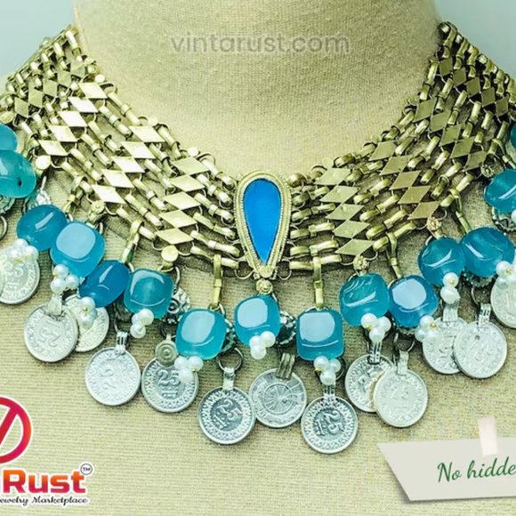 Jewelry - Turquoise Stone Coin Choker: Handmade Vintage Tribal Necklace